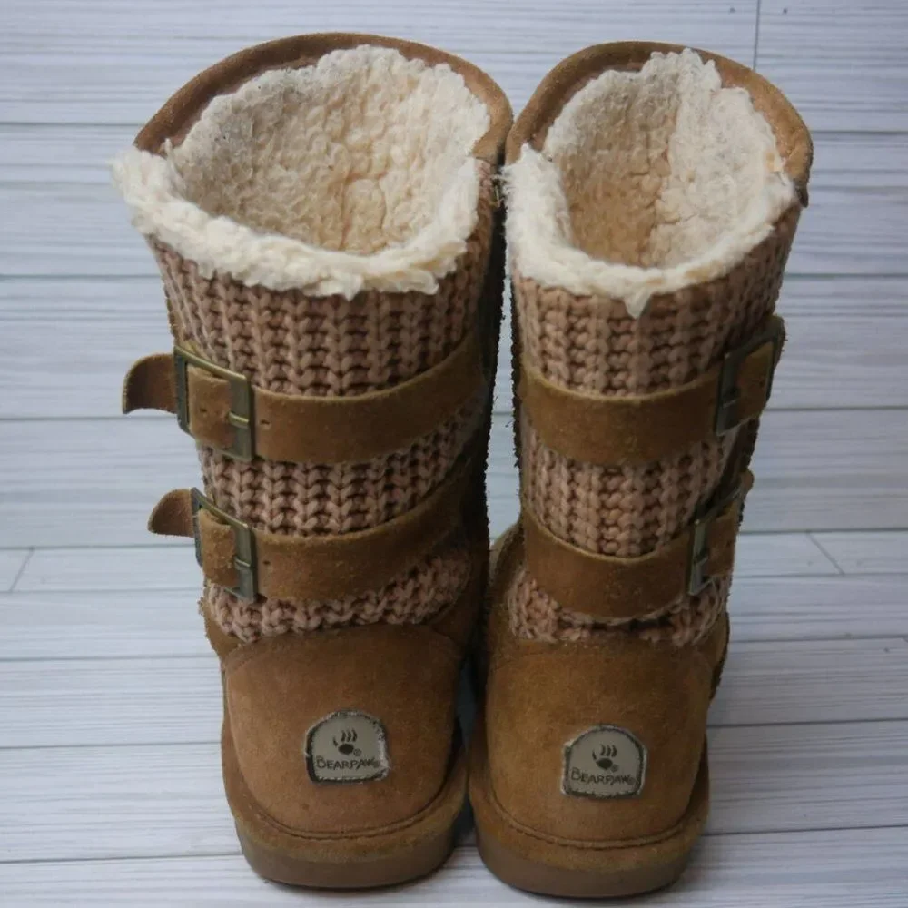 Bearpaw BOSHIE Youth Size 4 Tan Suede Wool Blend Sherpa Lined Mid Calf Boots